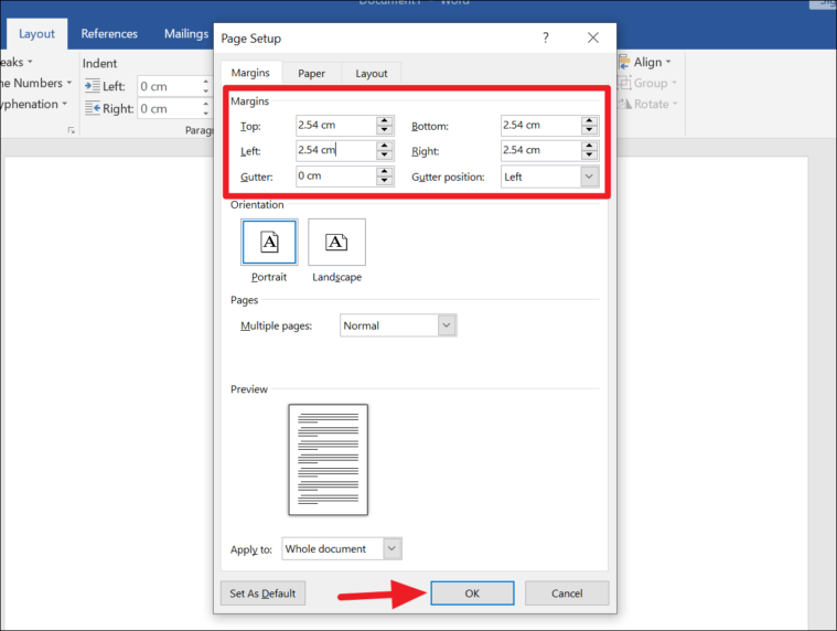 how to set right margin in word